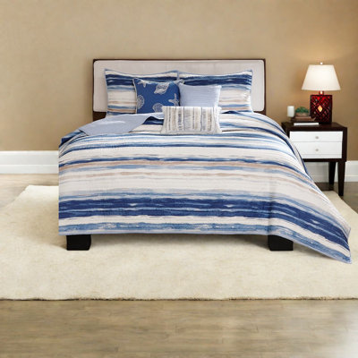 Modern 6-piece Bedding Sets, Cotton Quilted Comforter With Decorative Blue Pillows For Home