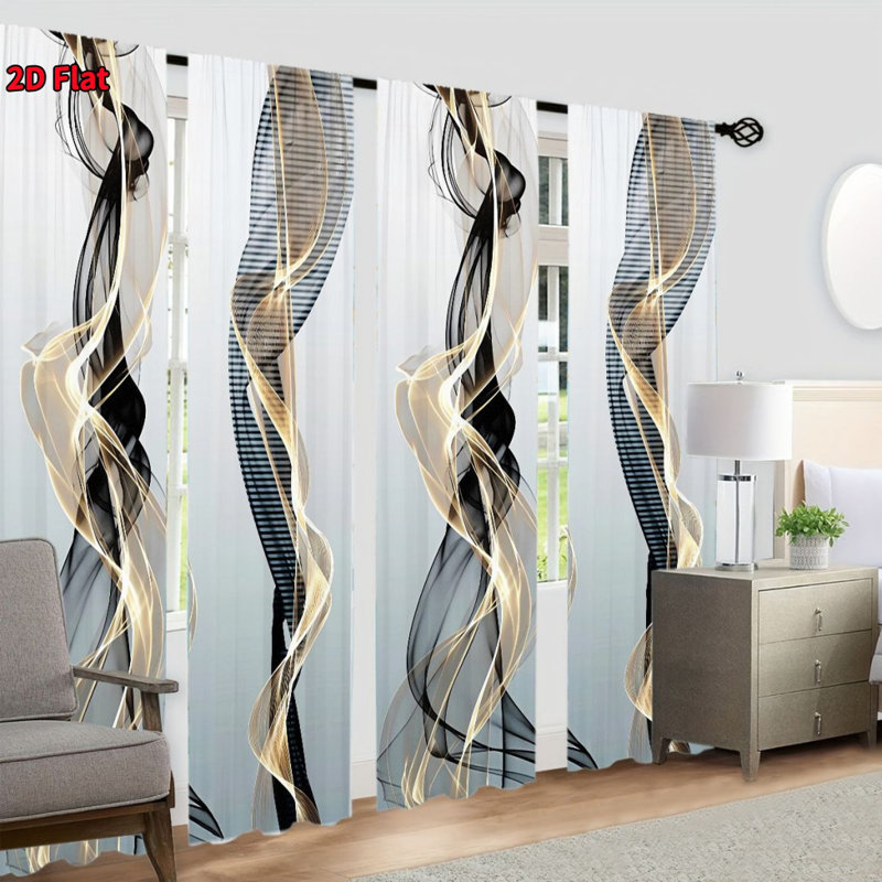 4Pcs Modern Minimalist Abstract Black Gold Swirl Pattern Digital Printing Curtains with Rod Pocket, Suitable for Living Room, Bedroom, Dining, Hotel, Home Decor, Privacy Protection, Darkening, Window Drapes