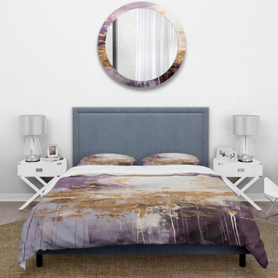 Mauve et doré Mountain Landscape III - Ensemble de housse de couette paysages - Microfibre de polyester
