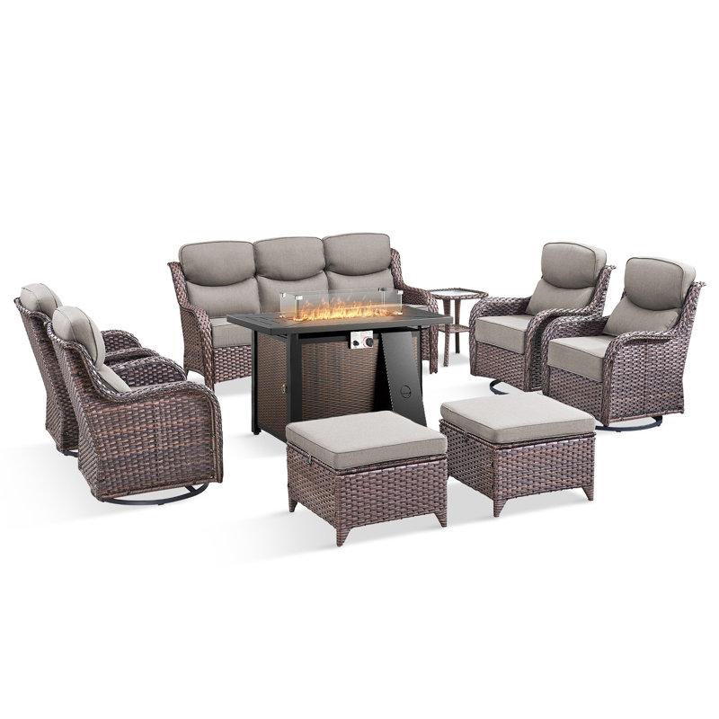 Wickes 9-Piece Outdoor Wicker Patio Rectangle Metal Fire Pit Table Conversation Set With 4 Swivel Gliders, Ottomans And Side Table