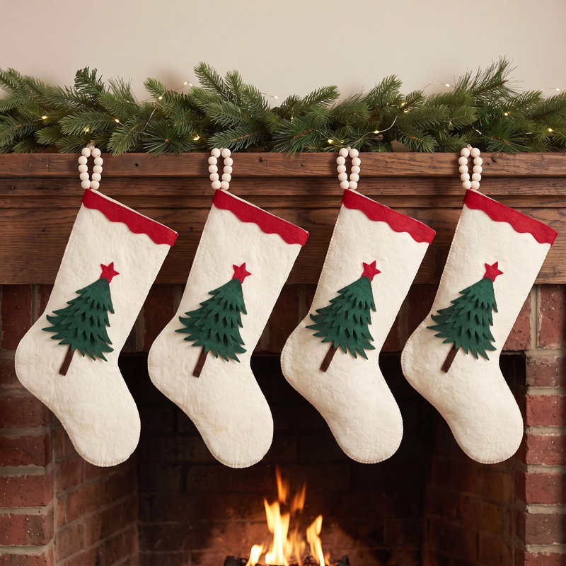 Hand Felted Wool Christmas Tree Stocking, Red/Green