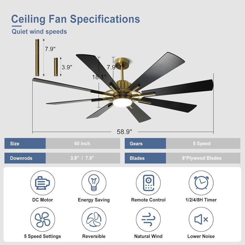 8-Blades with Remote Control and Light Kit Included, Yellow Antique, 60"