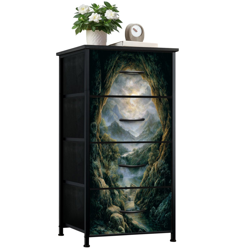 Commode pour chambre à coucher avec 4 tiroirs de rangement Mystical Mountain Landscape vu de Cave Misty River Sky Commodes