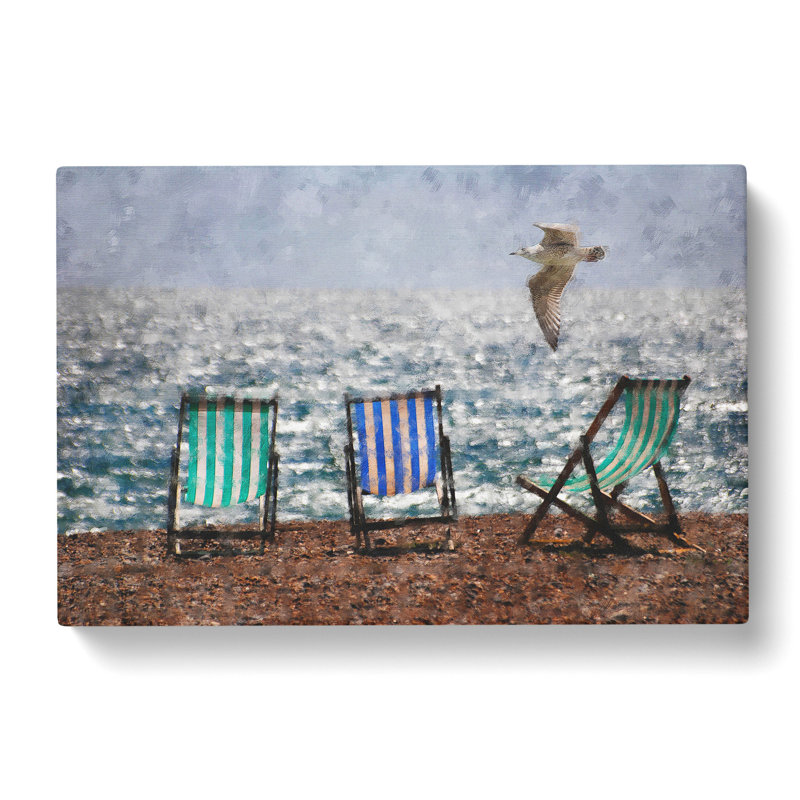Seagull Over Brighton Beach Deckchairs - Wrapped Canvas Painting, 40cm H x 60cm W x 3cm D