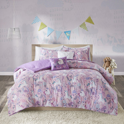 Ensemble de couette 4 pièces en coton licorne rose Lola Kids d'Intelligent Design Kids, pour lit simple.