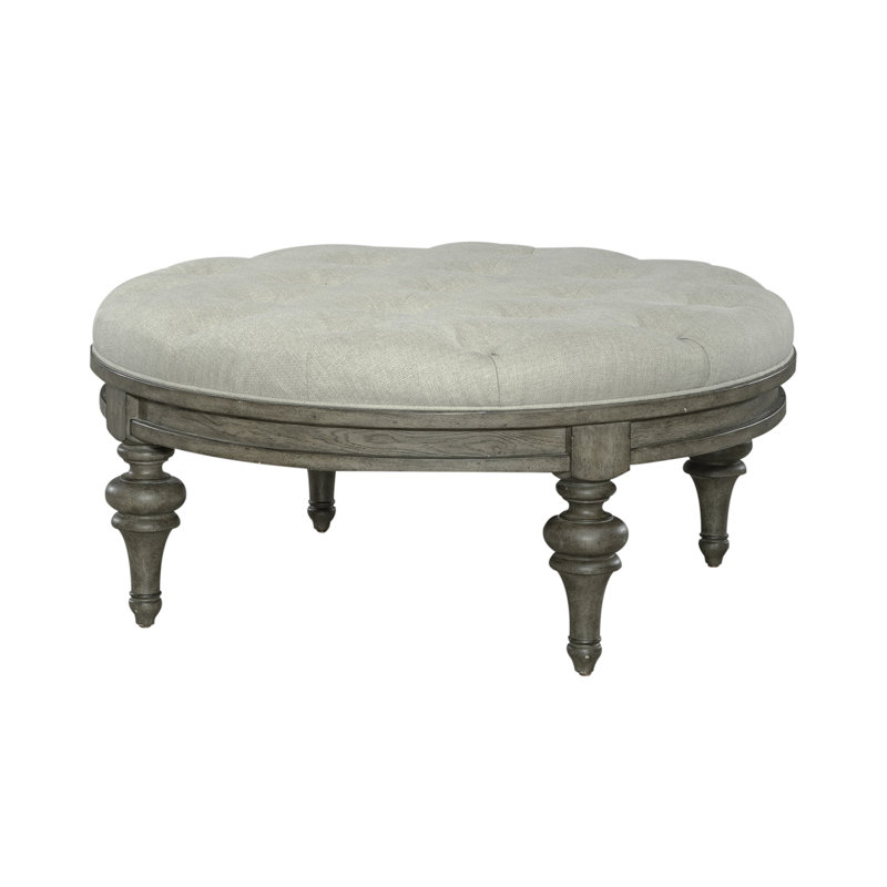 Arbrielle Tufted Round Linen Cocktail Ottoman with Wood Trim