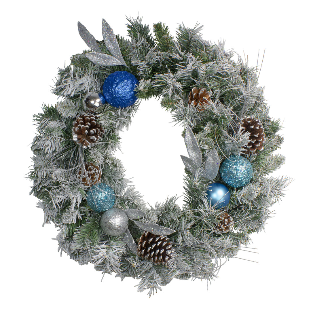 Flocked Pine with Blue and Silver Ornaments Artificial Christmas Wreath 24-Inch Unlit The Holiday Aisle®