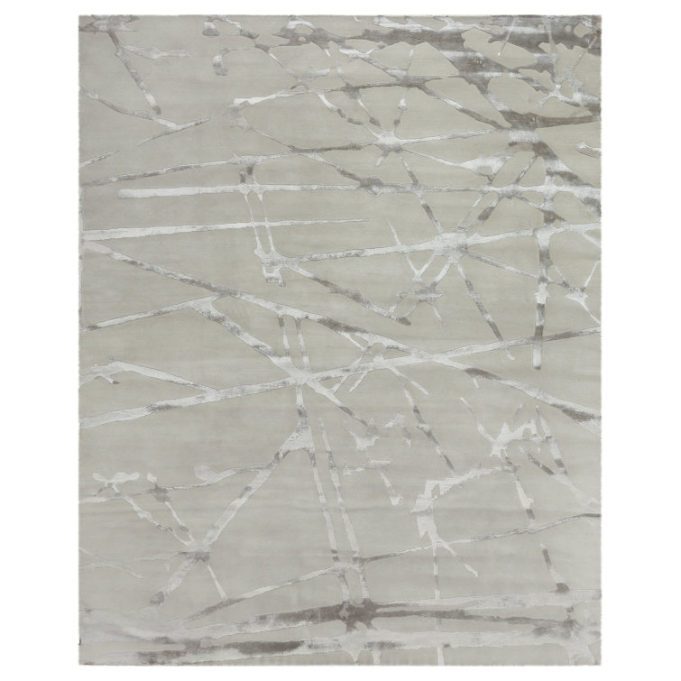 Space Age Hand Knotted Wool Viscose Area Rug in Silver/Ivory