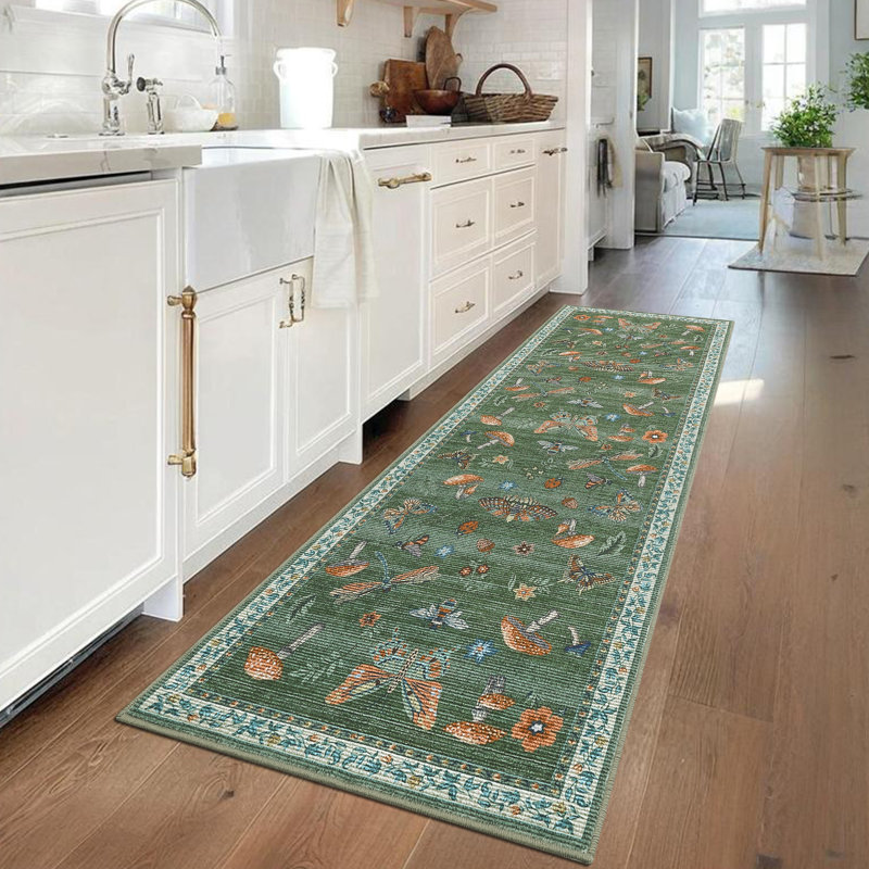 Floral Machine Washable Rug with Non-Slip Backing, Soft Thin Low Pile Non Shedding Floor Carpet, Indoor Foldable Printed Accent Mat for Living Room/Nursery/Bedroom