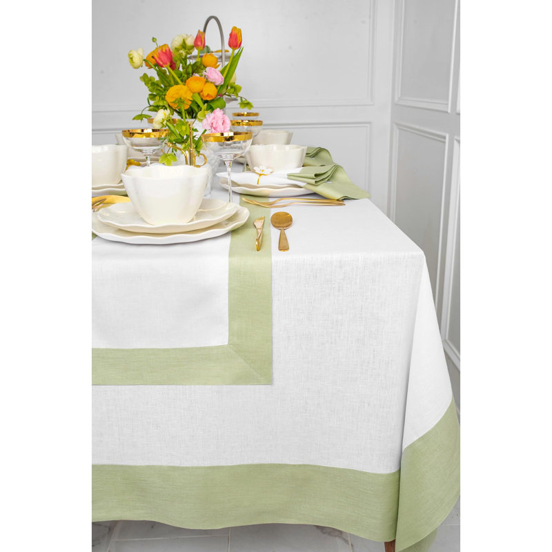 Contempo - 100% Pure Linen Tablecloth, Sage Green/White, 144" x 60"
