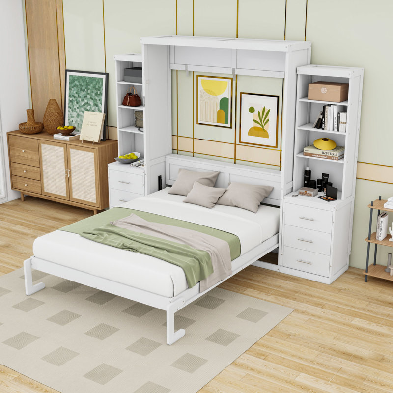 Lit escamotable double en bois avec tablettes de rangement et 6 tiroirs, White