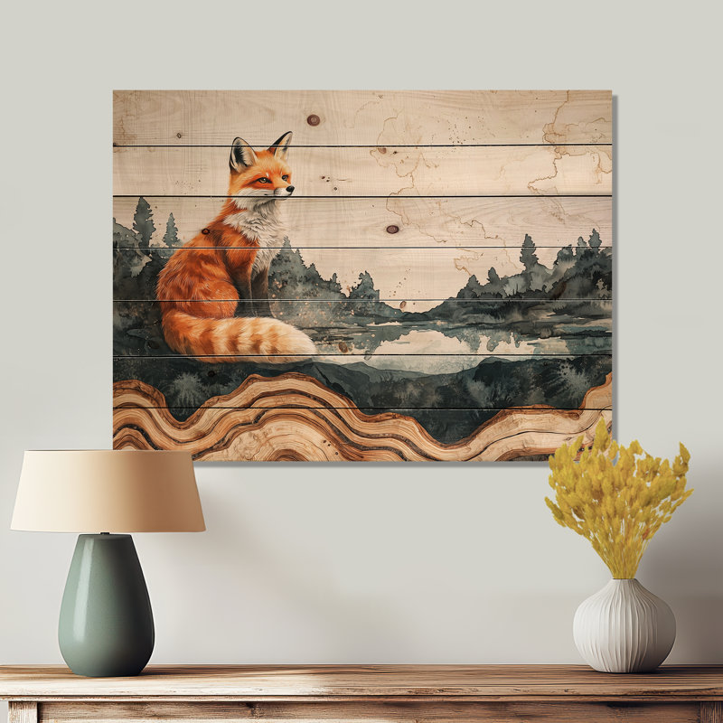«Silent Fox By The Lake Landscape II», reproduction sur bois d'un animal renard - sur bois de pin naturel, H 30 po x l 40 po