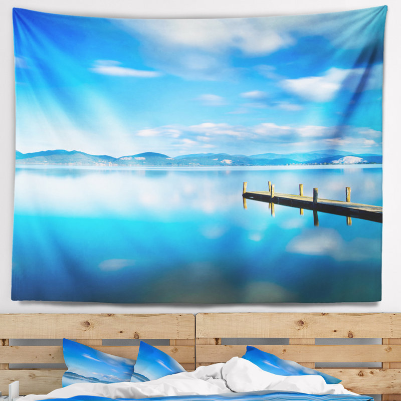 Tapisserie paysage marin avec ciel bleu nuageux, H 68 po x l 80 po