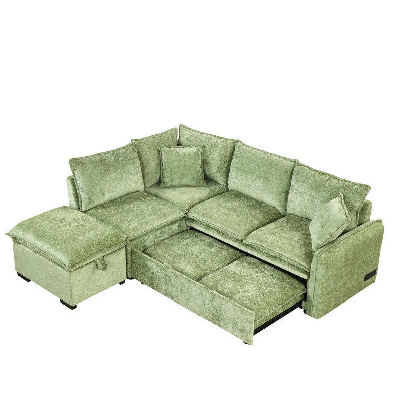 Davis Convertible Sectional Sofa Bed with Storage Ottoman & Pillows, Green Chenille