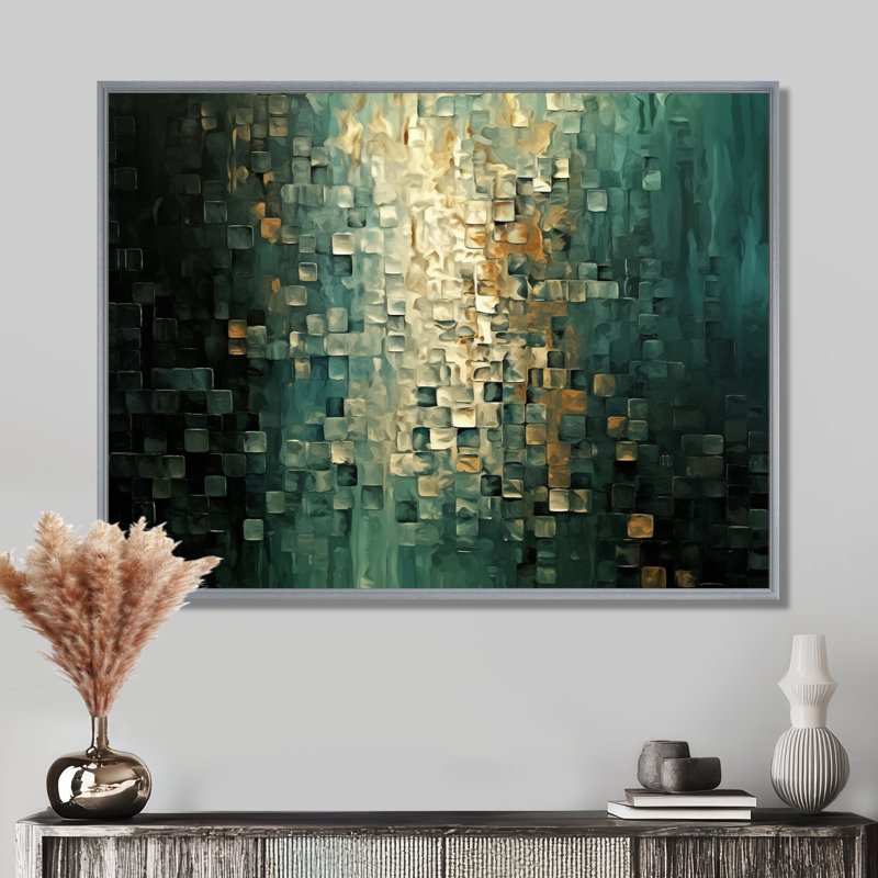 Célébration de possibilités rétro or foncé bleu sarcelle I - Art abstrait encadré, H 24 po x l 32 po, Argent argent