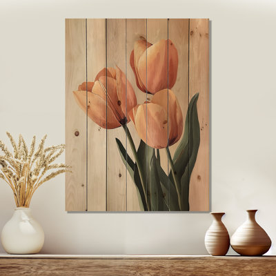 Tulips Brown Autumn Glow I - Tulips Wood Wall Decor - On Natural Pine Wood