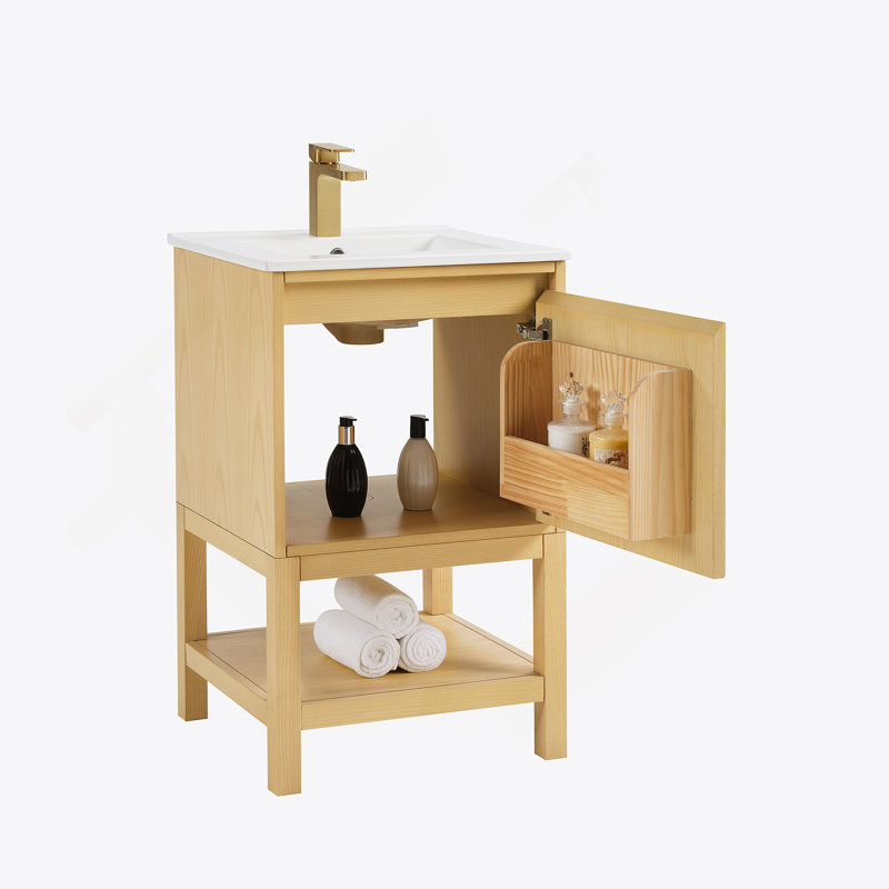 Meuble-lavabo en bois avec tablette réglable, Bois de frêne naturel