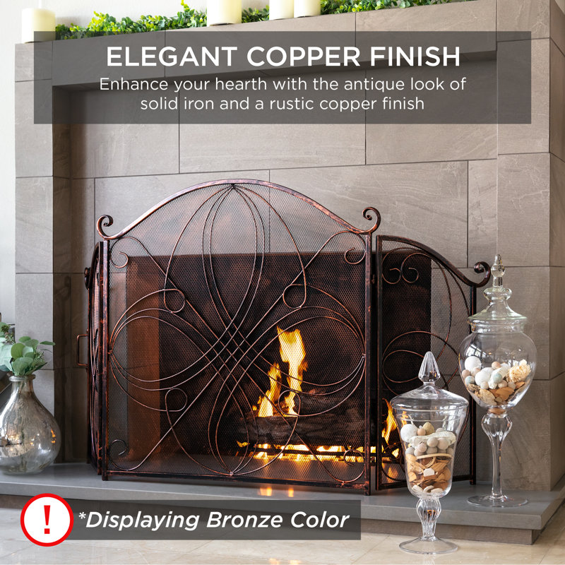 Black Wrought Iron 3-Panel Mesh Fireplace Screen with Decorative Scrolls