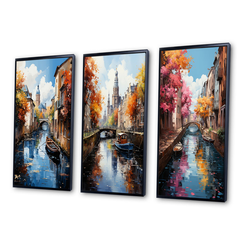 «Beige Canal Vibrant Waterway Bold», 3 pièces sur toile, Cadre noir, H 32 po x l 48 po