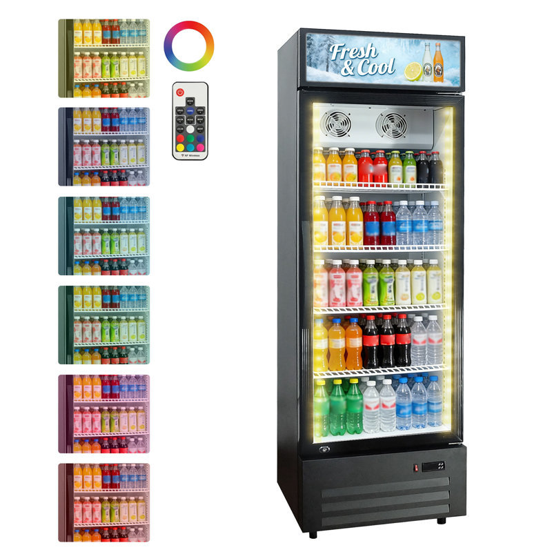 19.1 Cu.ft Commercial Beverage Cooler with RGB LED Lights & Remote - 280 Can Glass Door Display Fridge, Frost-Free Air-Cooled Refrigerator with Top Light Box for Bar, Restaurant, Cafe, Store
