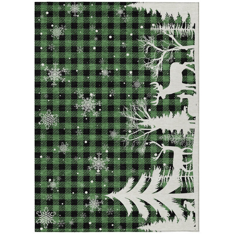 Machine Washable Indoor/Outdoor Christmas Reindeer Xhevrie Green Rug, Rectangle 2'6" x 3'10"