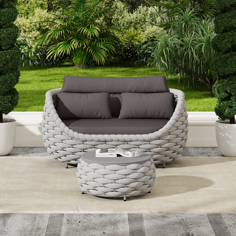 Outdoor Patio Hand-woven Rope Powder-Coated Aluminum Sofa With Coffee Table 2-Piece Set, Light Gray, Dark Gray