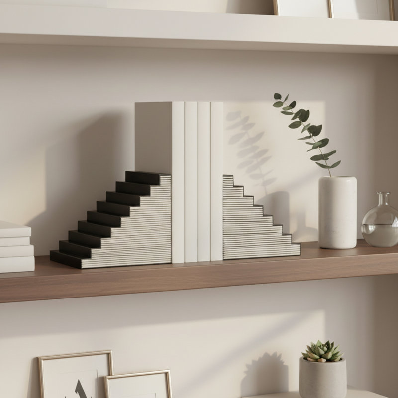 Striped Steps Bookends, Black/White - A Fusion Of Mdf And Resin Magic