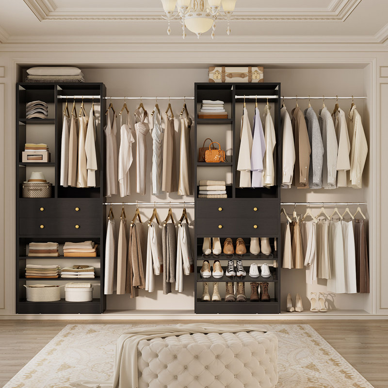 Closet System with 4 Wooden Drawers and Shoe Racks, Black