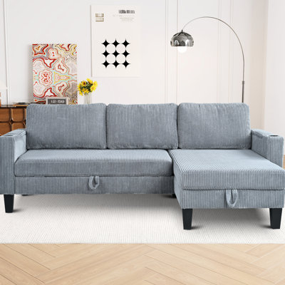 Canapé modulaire réversible moderne avec méridienne de rangement, hublots et porte-gobelets en velours côtelé gris pour chambre à coucher - profondeur 82,44 po, largeur 52,4 po, hauteur 33,13 po, poids de 115,04 lb, ports Living