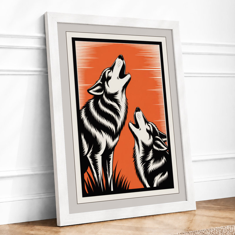 Wolves in Orange Light Graphic Art - Framed Print, A4 - 29.7 x 21.0 cm, White