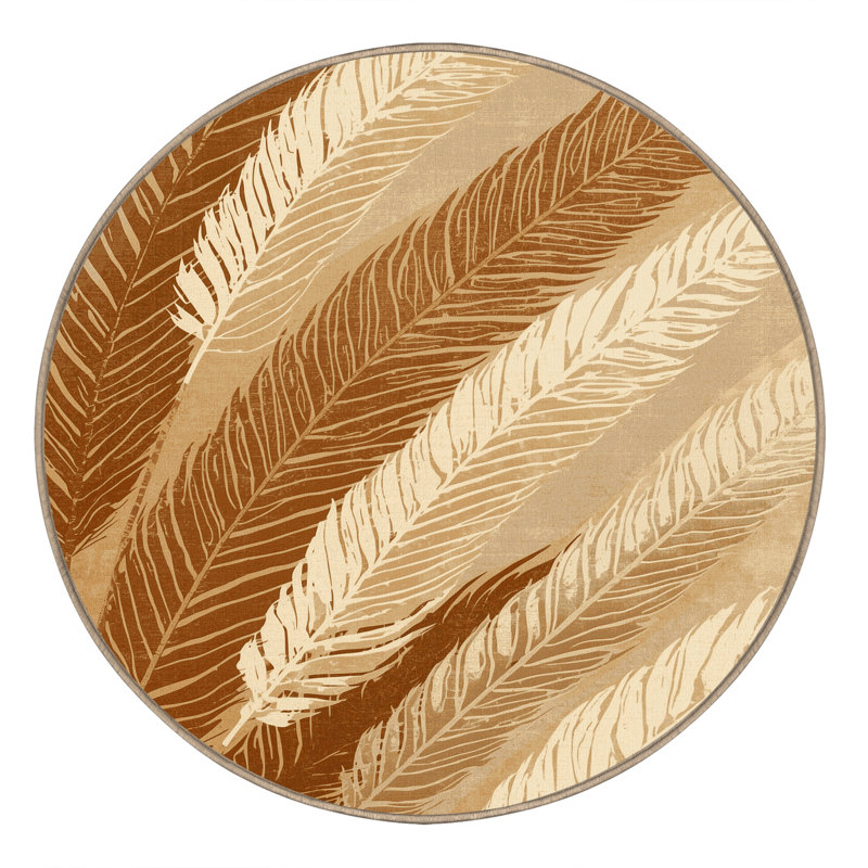 Machine Washable Ottwell Pampas Grass Modern Rustic Abstract Rug in Brown – Beige Binding, 4' Round