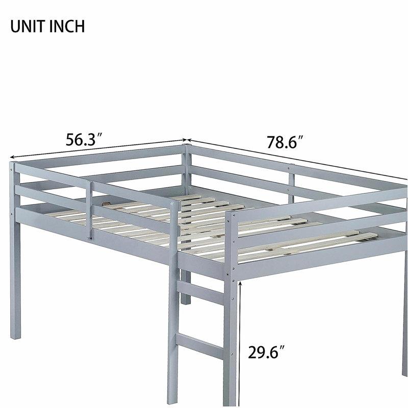 Full Rubber Wood Loft Bed with Ladder,Grey, Gray