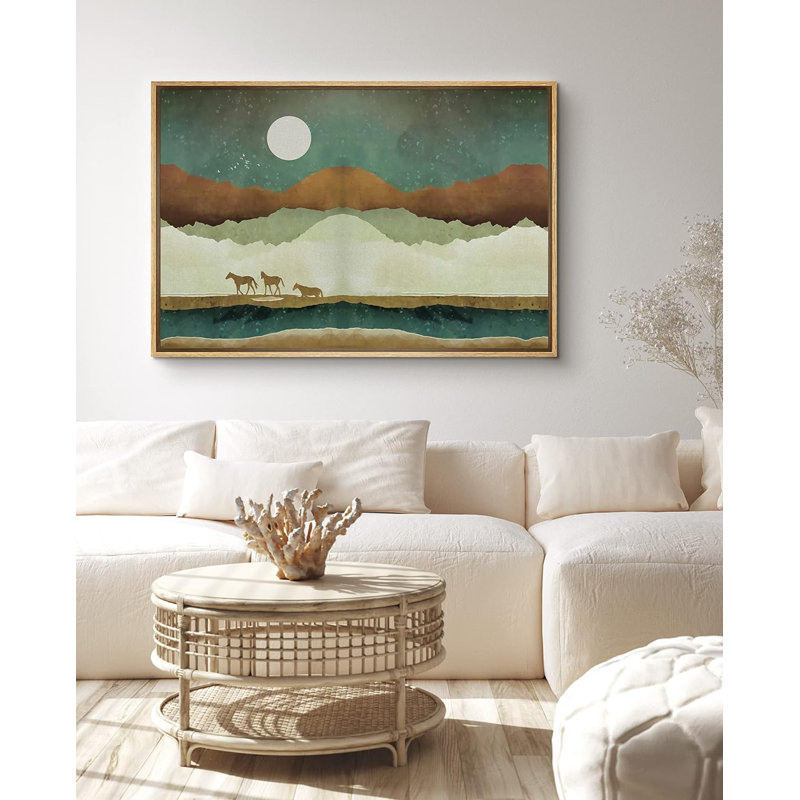 Sun Mountain Range Horse Trio In Moonlit Desert, reproduction d'art sur toile, H 24 po x l 36 po x P 1,5 po, Naturel