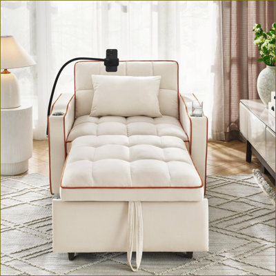 Sleeper Sofa Chair, 3-in-1 Convertible Pull Out Bed with Adjustable Backrest, USB Ports for Apartments, Dorms, Small Spaces | Beige Velvet
