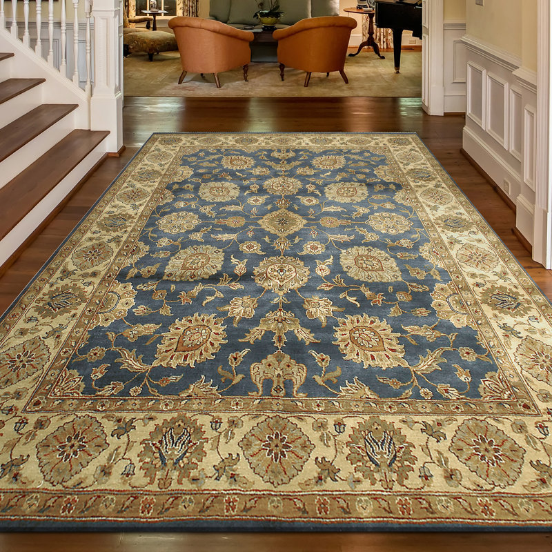 Tapis sarcelle et crème noué à la main de haute qualité, Rectangle de 10 pi x 14 pi