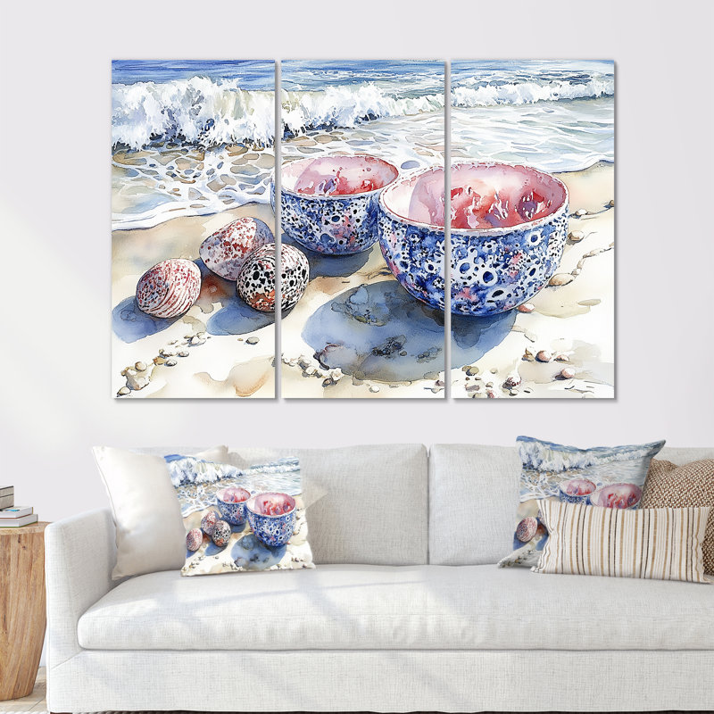 Ensemble de salon de plage en poterie rose et bleu III, Toile tendue, H 40 po x l 60 po x P 1 po