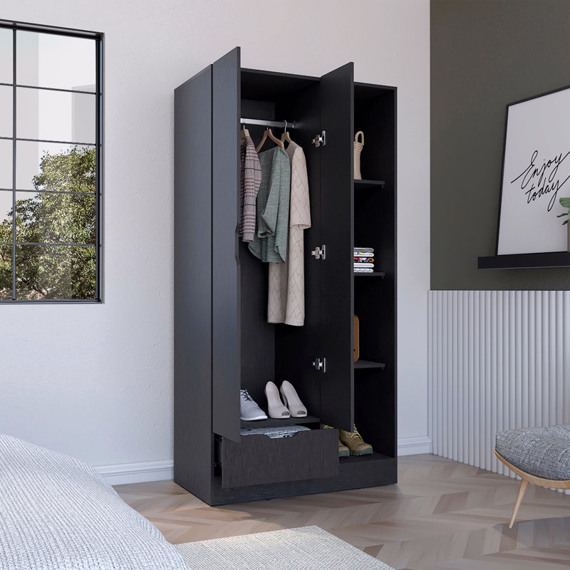 Armoire 71H "avec 1 tiroir et 4 tablettes ouvertes à 2 niveaux, 2 portes, Noir