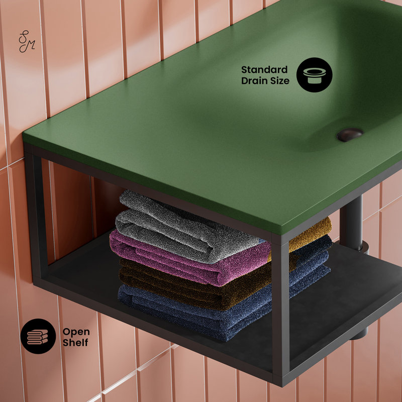Lisse 24" Rectangle Concrete Wall-Mount Bathroom Sink With Matte Black Frame, Matte Royal Green