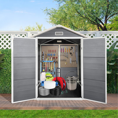 6x6 Ft Plastic Outdoor Storage with Floor and Lockable Door Plastic Garden Shed for Backyard, Lawn