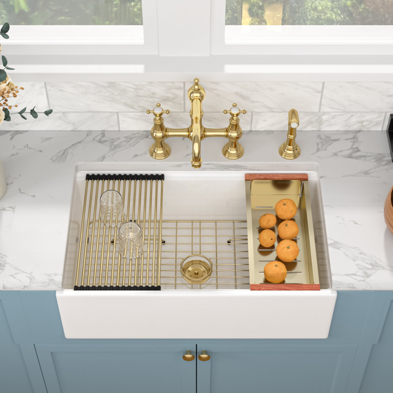 30" L x 20" W Rectangular White Single Bowl Ceramic Farmhouse/Apron Kitchen Sink Workstation with Accessories, Gold