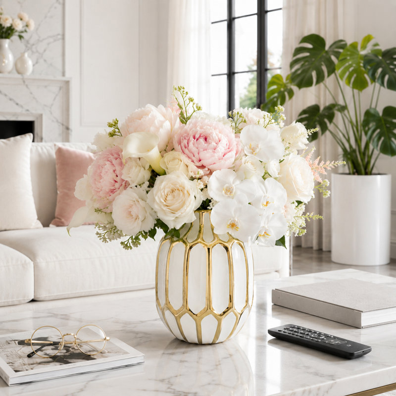 Vase de table en céramique Addington, Motif abstrait, blanc, H 8 po x l 6 po x P 6 po