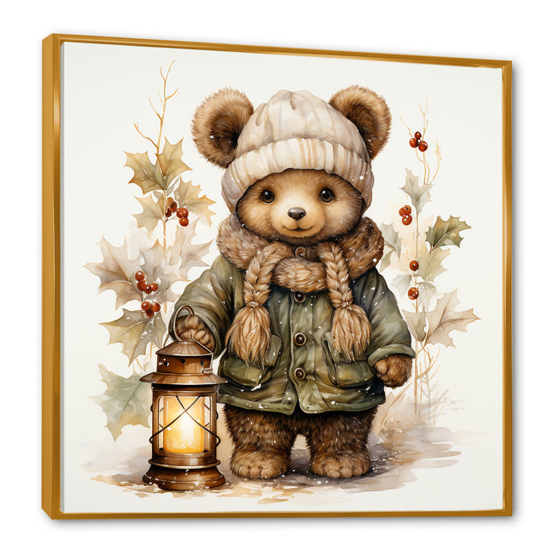 Ours en peluche de Noël II - art mural de l'ours en peluche, H 16 po x l 16 po x P 1 po, Cadre flottant doré