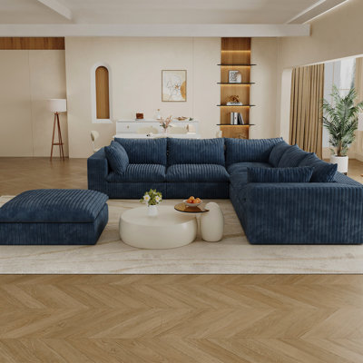 118.2" Blue Corduroy Deep Seat 6 - Cloud , Double Layer Removable Cushion, No Assembly, Diy For Different Spaces, High Density Compression Low Cost Living, Bedroom, Conference, Apartment, Pure Sponge