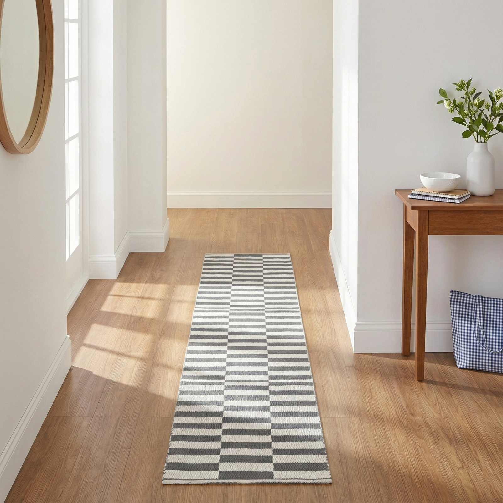 Ilona Ivory Gray Striped Cotton Rug, Runner 2'3" x 7'