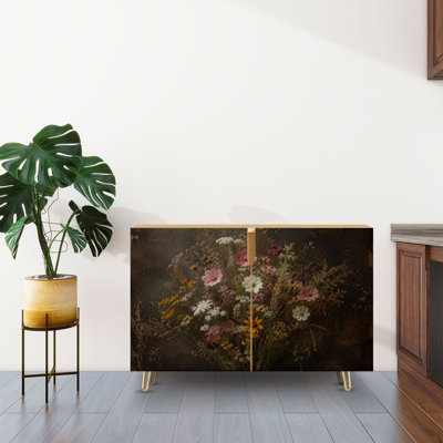 Buffet Buffet avec rangement Bouquet rustique fleurs sauvages contre rétro foncé avec 2 portes pour le salon et la cuisine