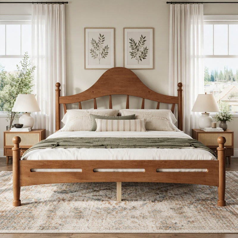 Base de lit plateforme en bois avec tête de lit Chic, Queen, Brun