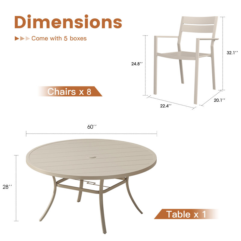 Ensemble repas de 60 po avec table ronde en métal et 8 chaises avec accoudoirs en métal, Crème / crème