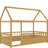 Twin Size Floor Bed Frame With High Fence And House Frame, Natural Color, Pine, Stable Design, Spacious Entrance Roof Guardrails, Easy Assembly, Safe For-1172531960