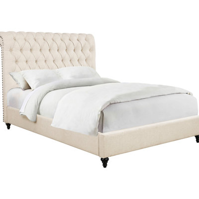 Beige King Bed Frame With Foam Padding And Diamond - Headboard For Bedroom Use Size Upholstered In Support Nailhead Trim