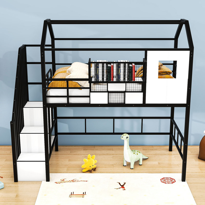 Twin Metal Loft Bed With Shelves And Storage Box, Roof Design, Black